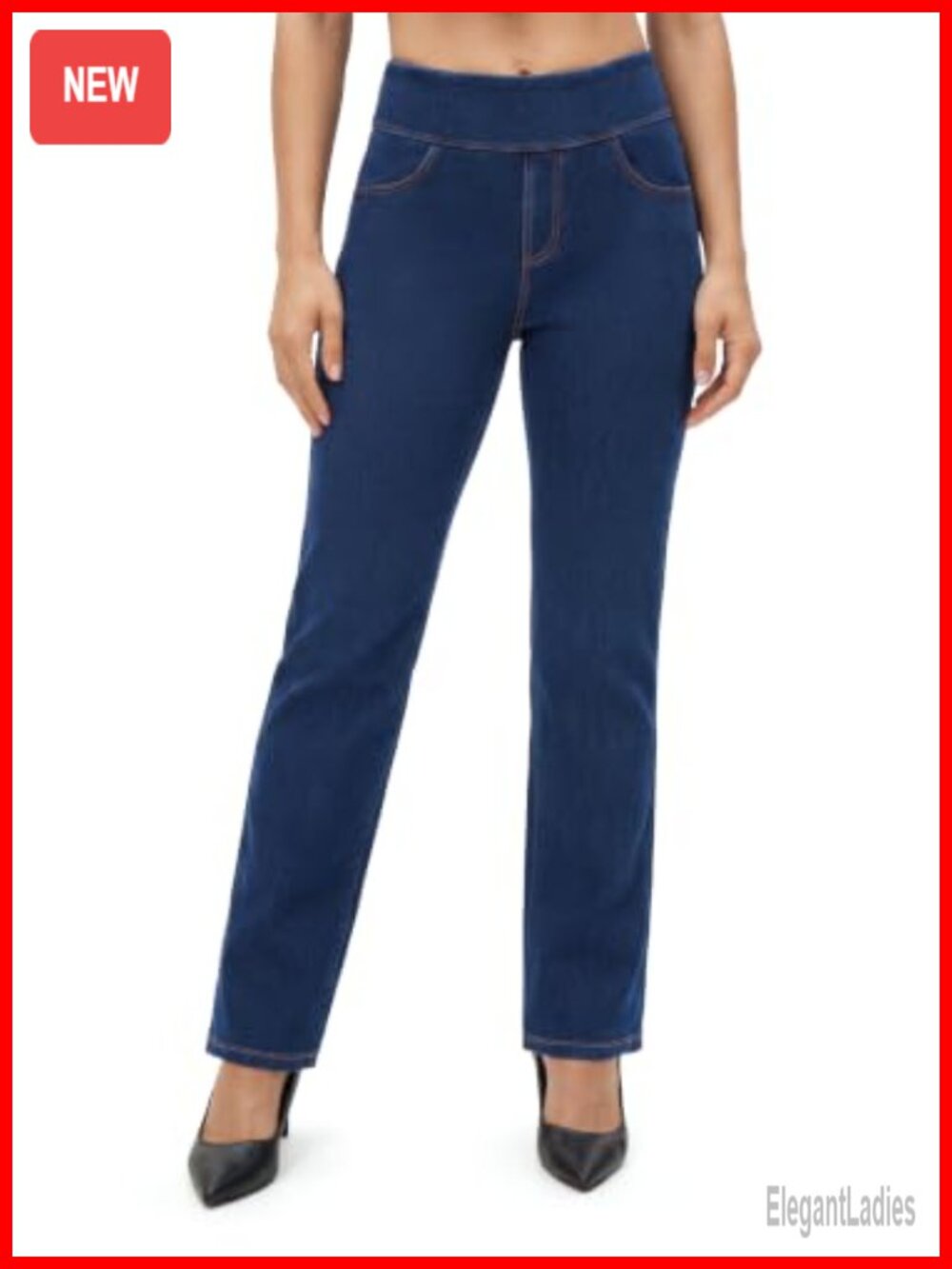 Stretchy Straight Leg Jeans High Waisted Pull On Trendy Denim